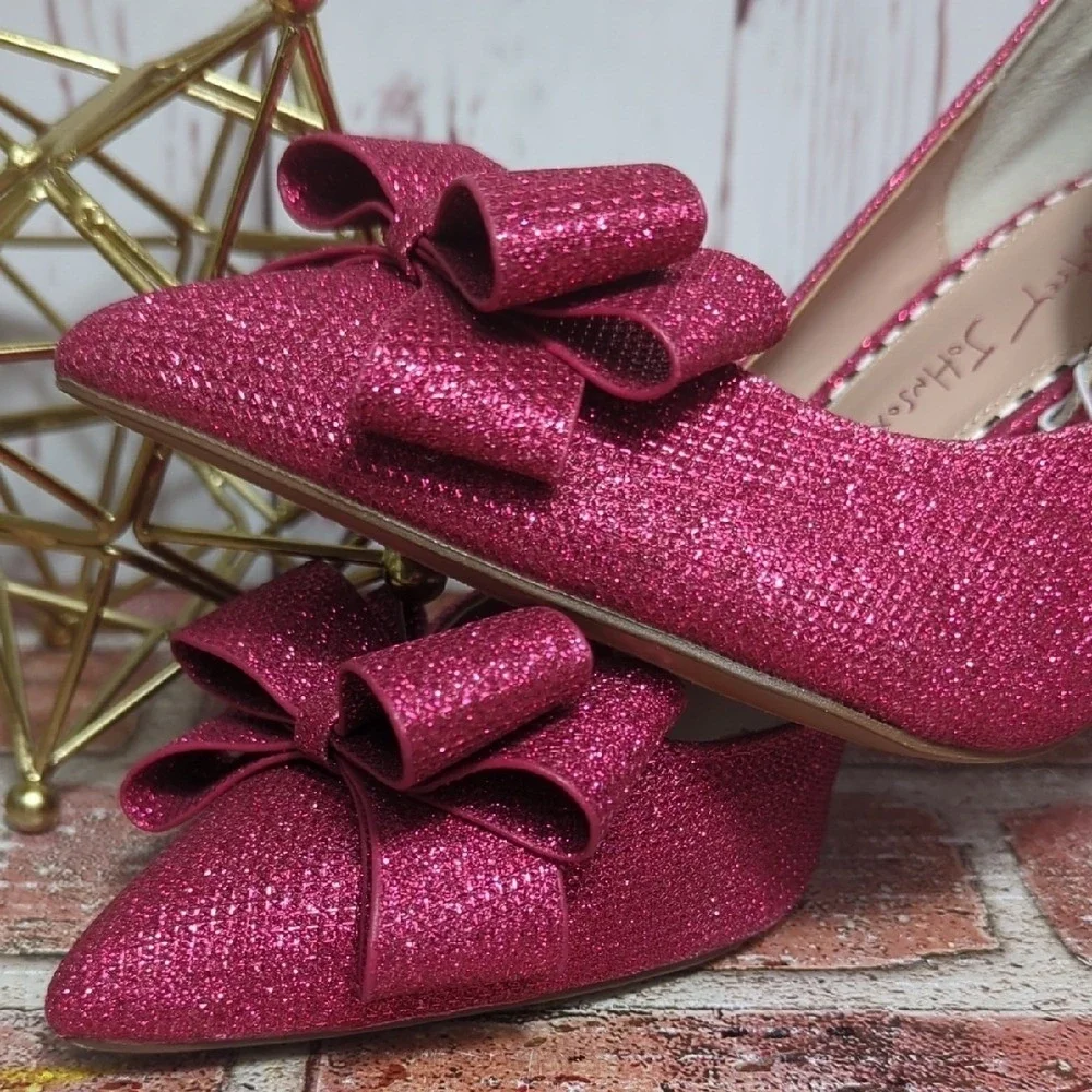 Betsey Johnson Pink Glitter Bow High Heels Party Birthday Coquette Girly 9 NWOT - Picture 3 of 15